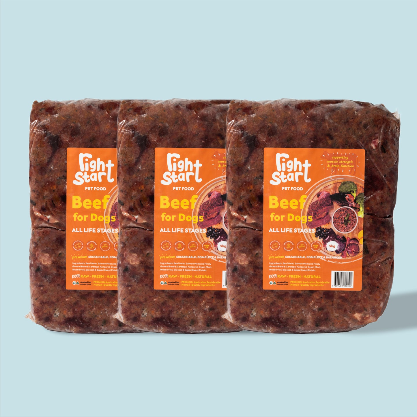 x3 5kg mince beef for dogs. Orange sticker and note reading x12