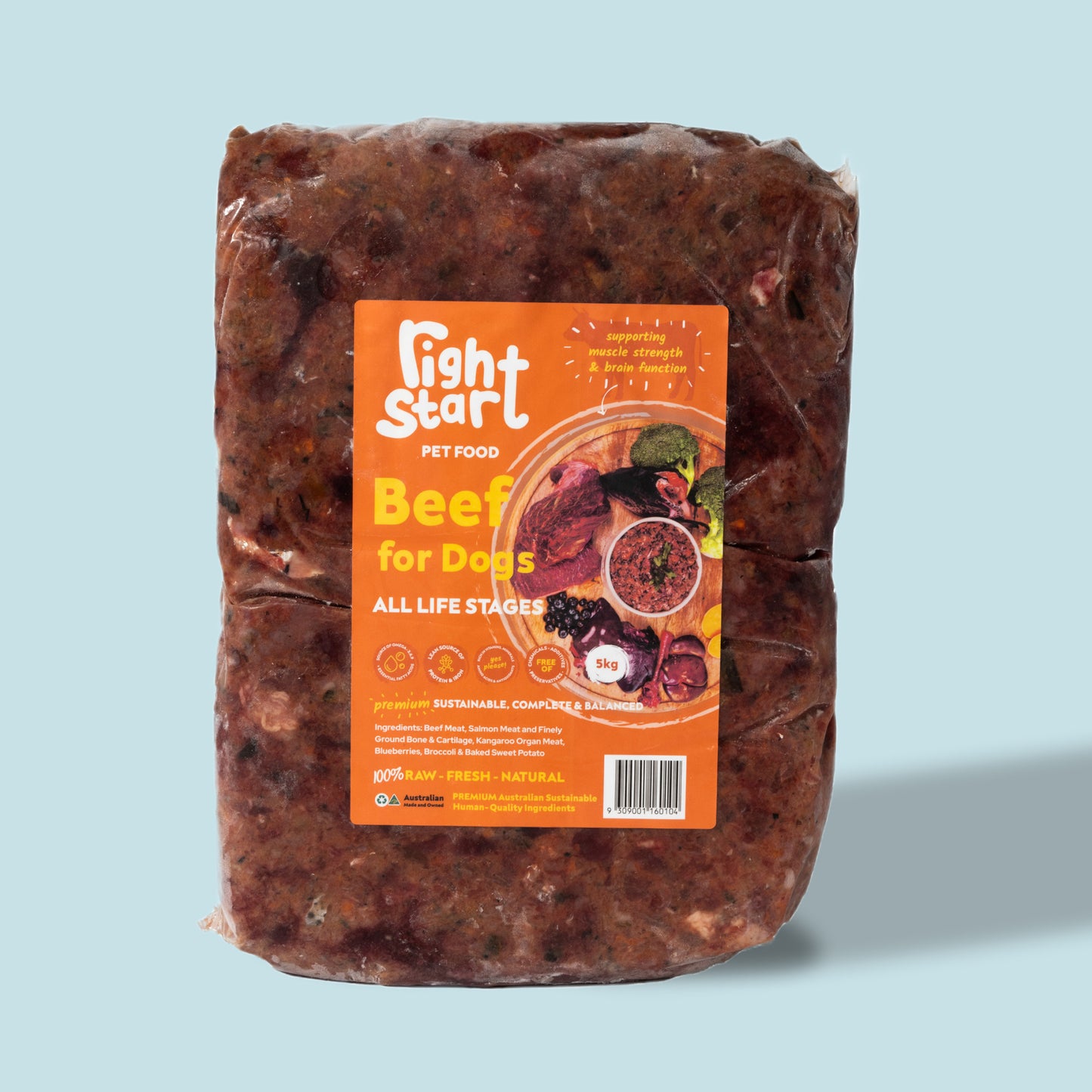5kg slab of frozen beef mince for dogs orange sticker