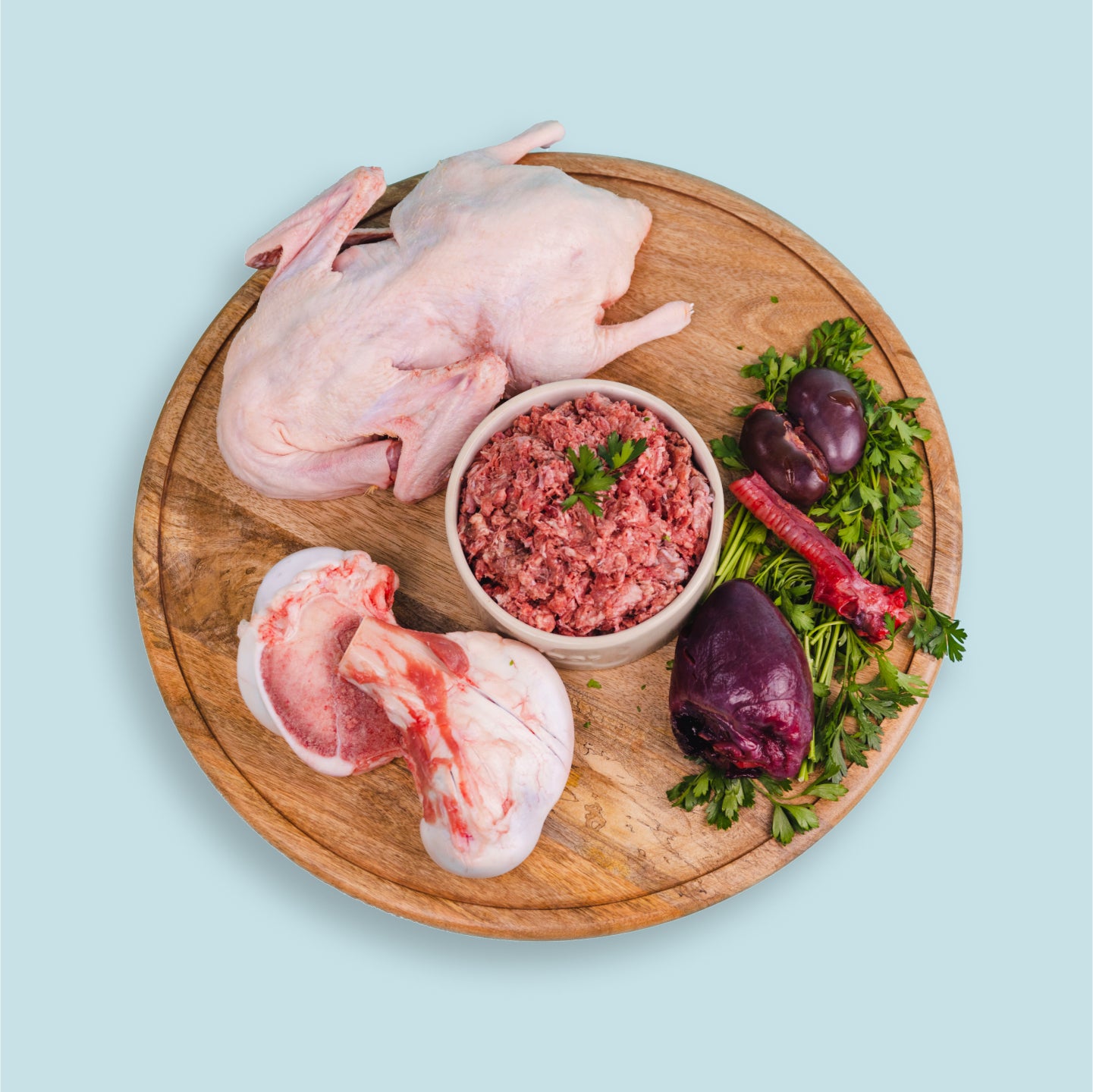 raw duck box for cats on platter