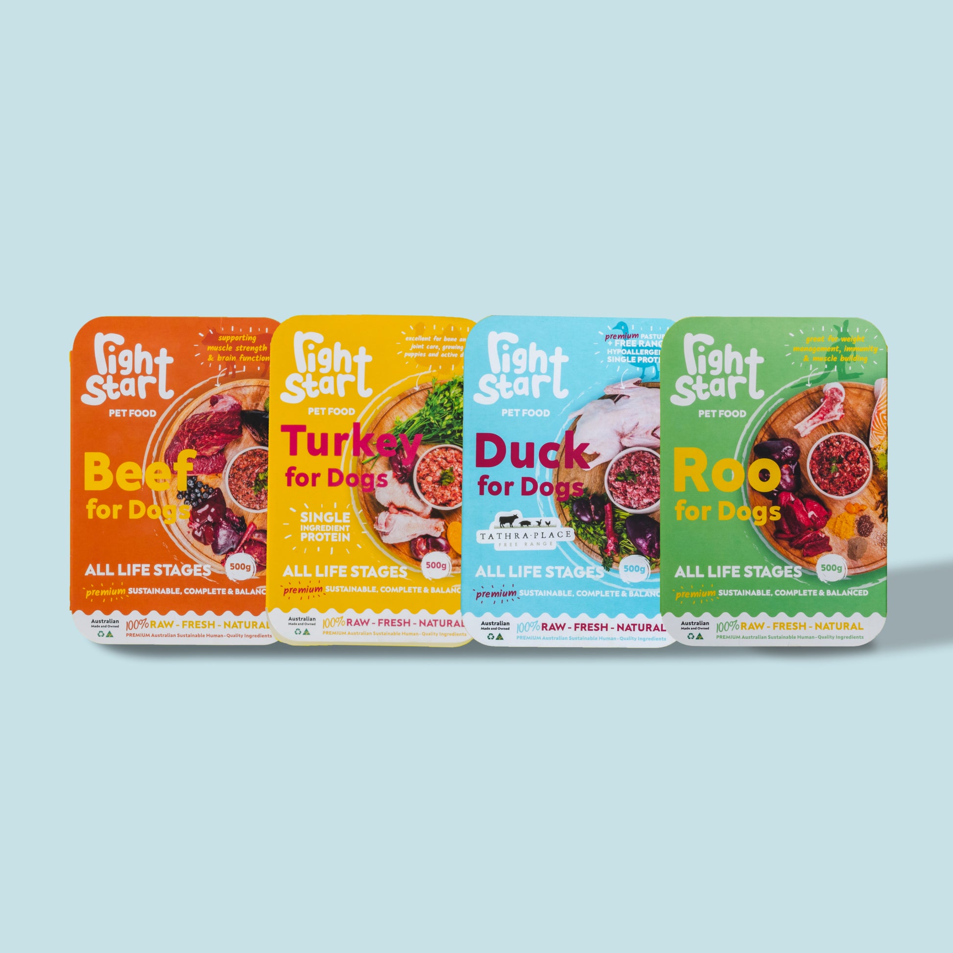 four meals for dogs duck turkey roo beef protein in colourful packaging 1kg large box packs