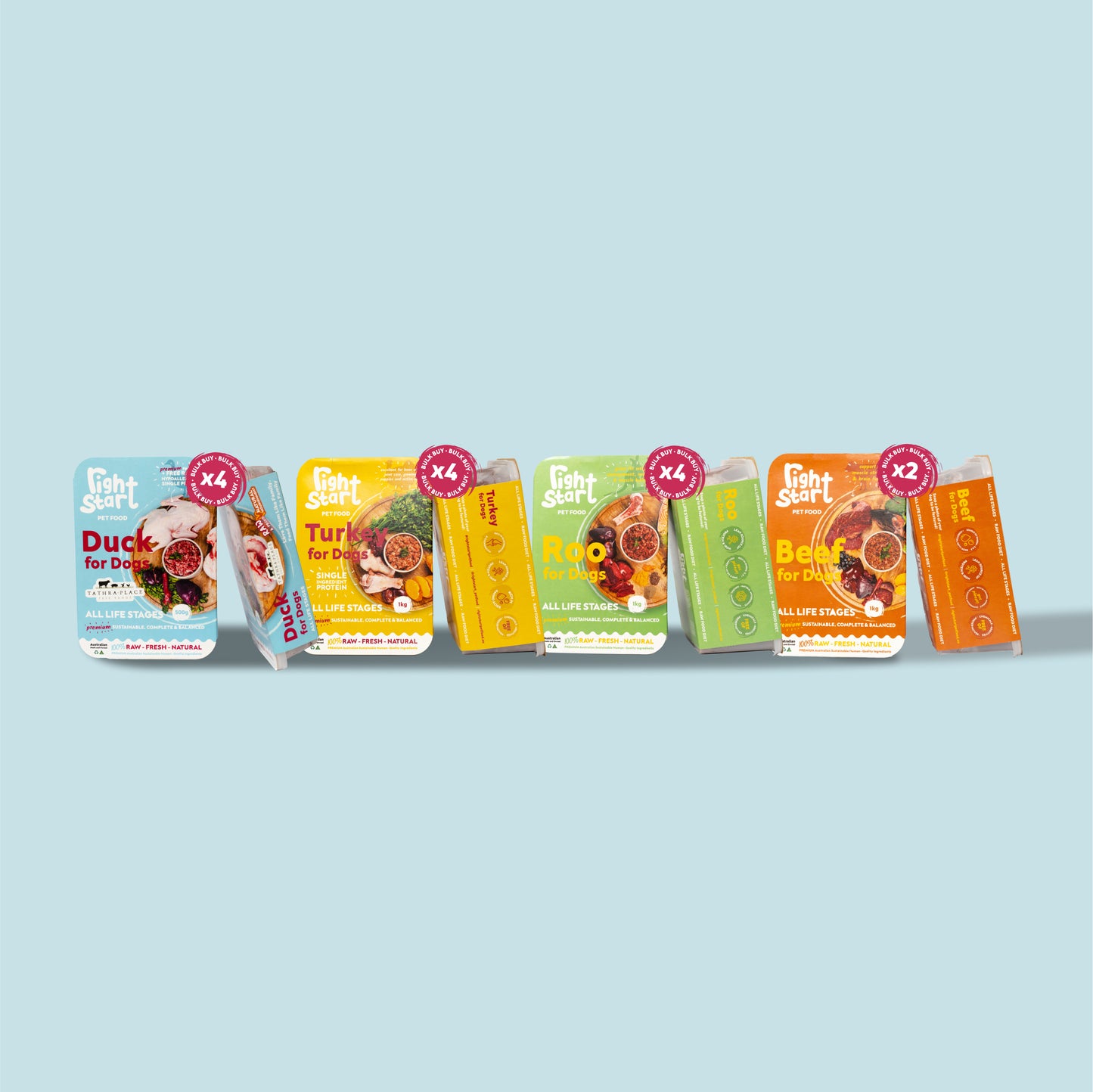 four meals for dogs duck turkey roo beef protein in colourful packaging 1kg large box packs