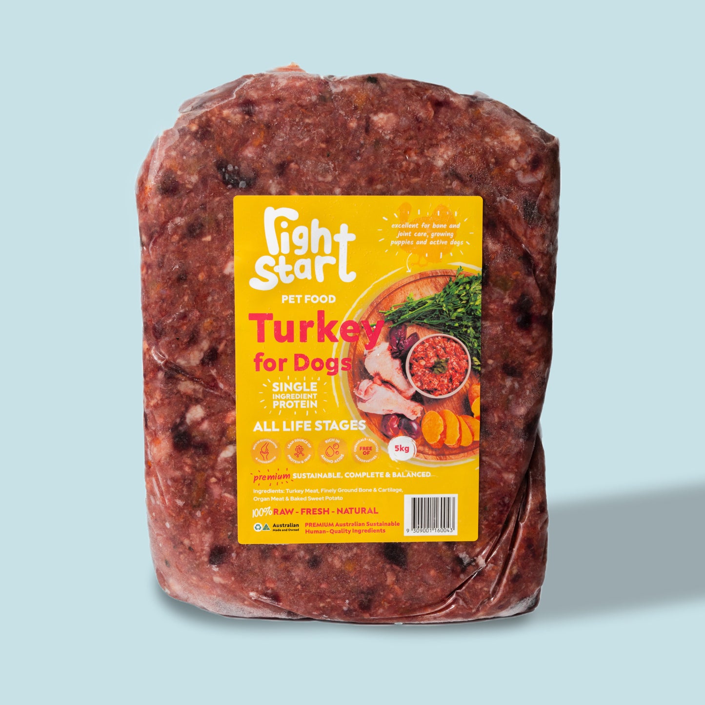 5kg frozen turkey mince for dogs  yellow packaging sticker 