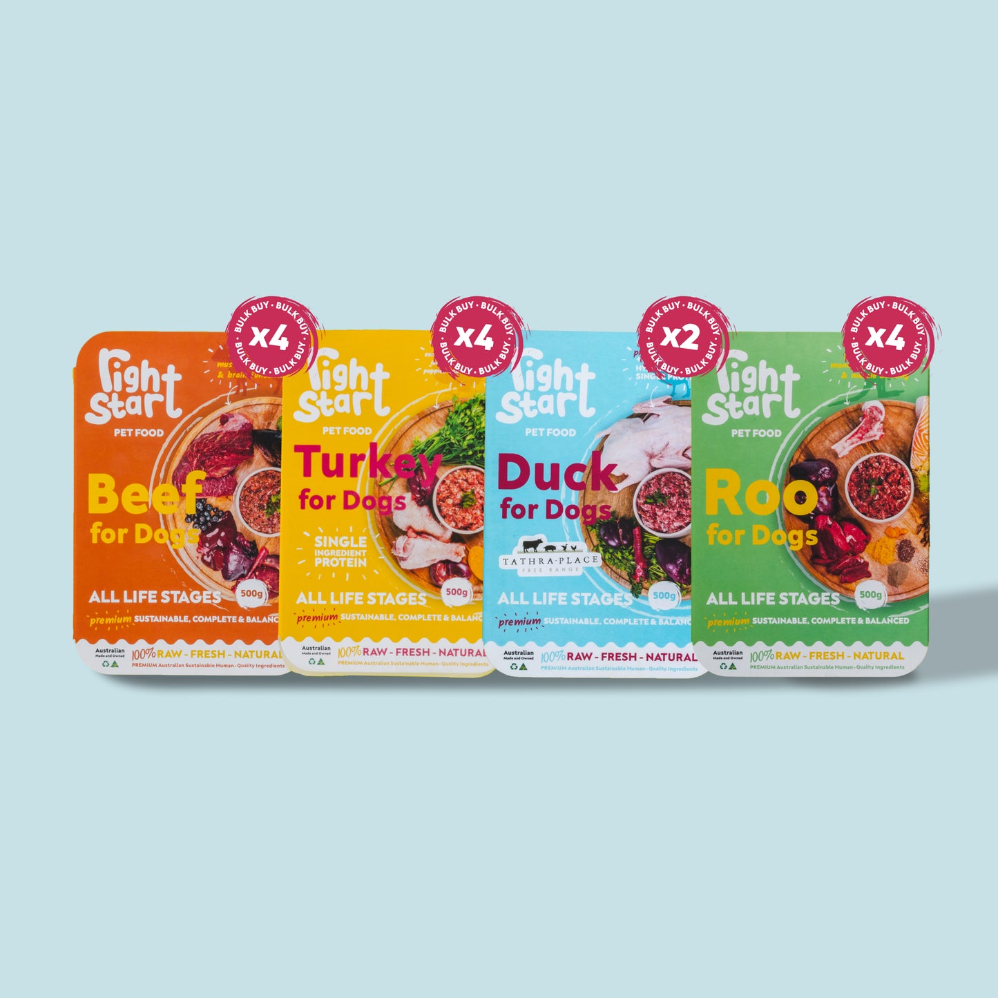 4 meals for dogs duck turkey roo beef protein in colourful packaging 500g medium box packs