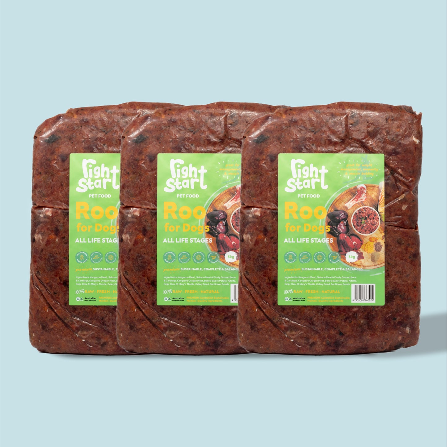 x3 5kg frozen kangaroo mince for dogs in green packaging sticker with note reading x12