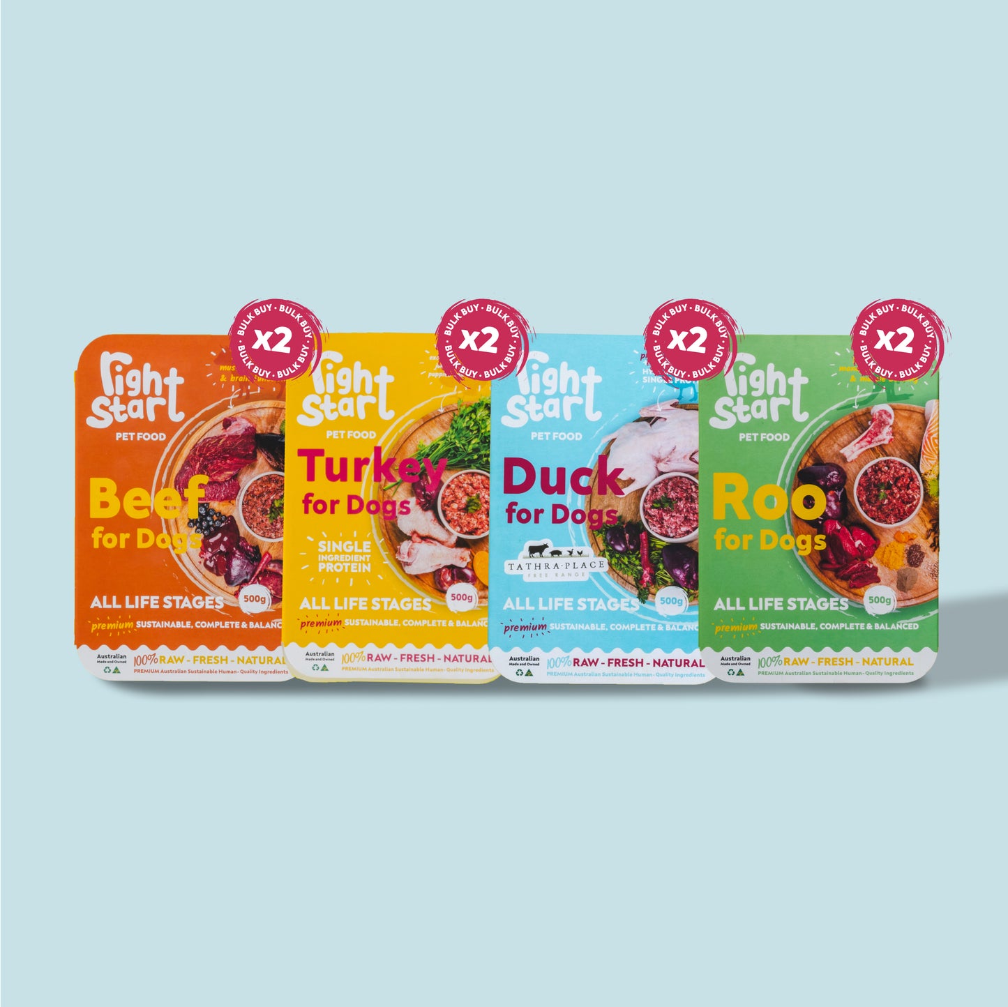 4 meals for dogs duck turkey roo beef protein in colourful packaging 500g packs